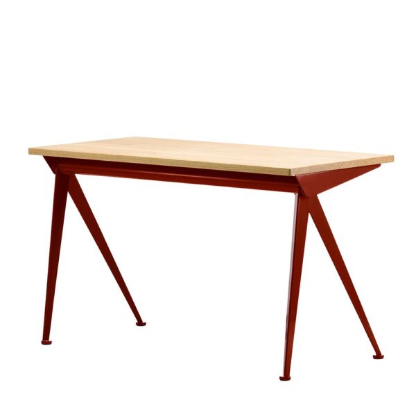 VItra │ Prouvé Compas Direction Schreibtisch │ Tischplatte aus Eiche Massivholz │ Gestell japanesse red