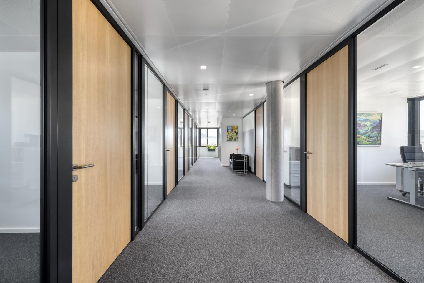 Rheinhalde Development | hallway with alternating wooden doors and glass walls