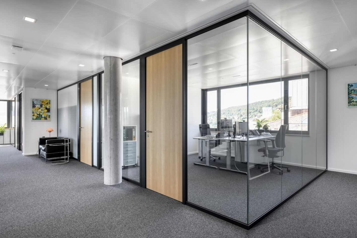 Rheinhalde Development | workplaces behind glass walls and wooden door