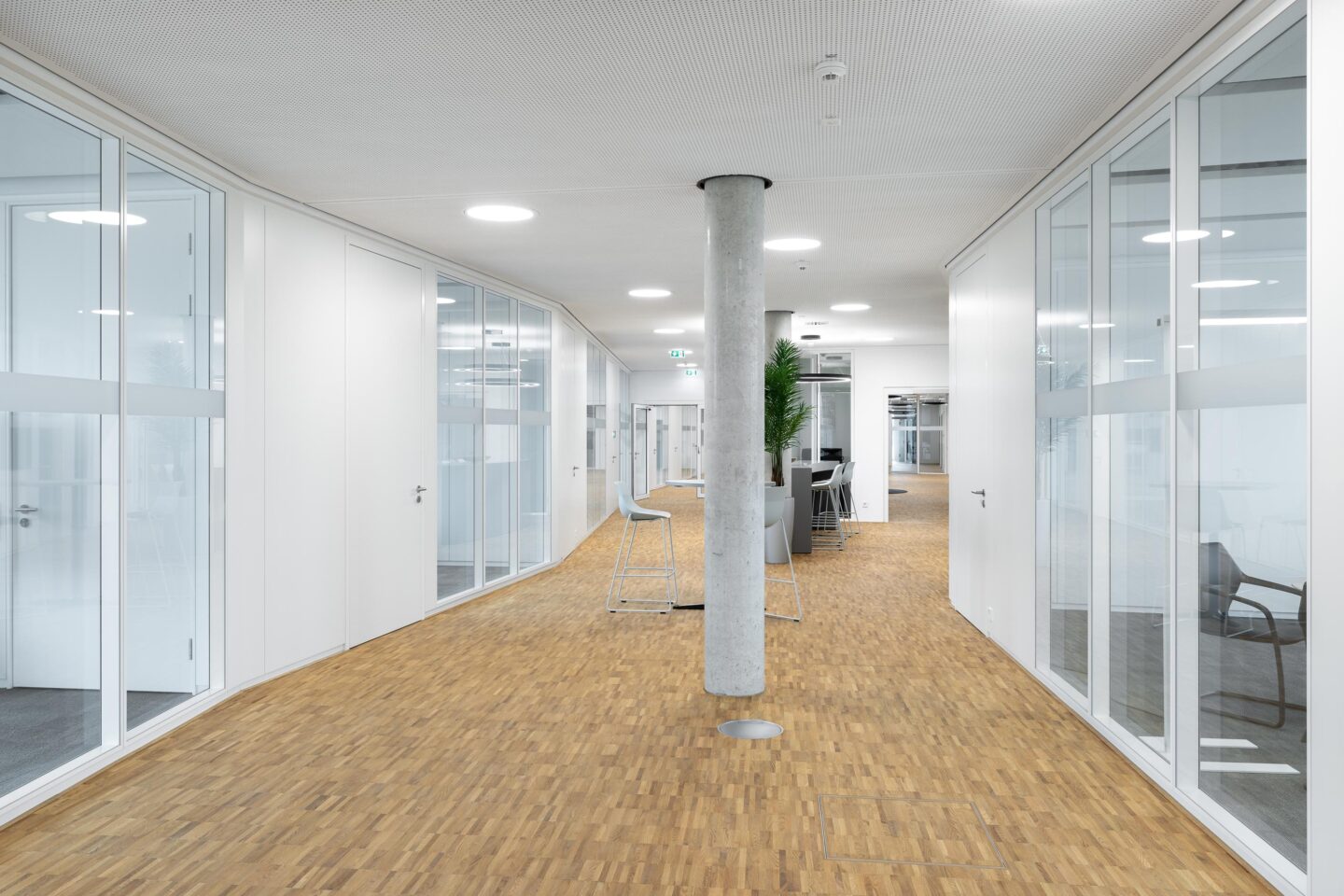 Room ensemble with fecofix, fecowall, and fecodoor H70 in wood | Schaeffler E-Mobility Campus Bühl | feco system partition walls Karlsruhe