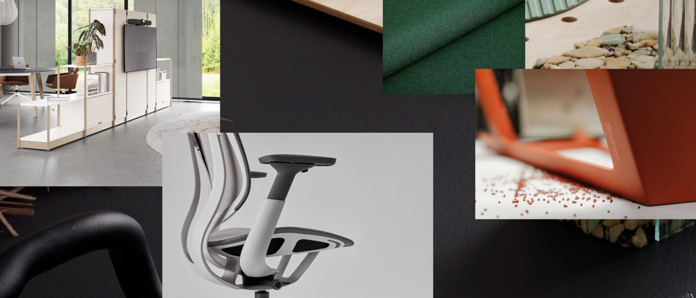 Moodboard mit nachhaltigen Materialien für Büromöbel wie Recycling-Kunststoffen, Echtholz und Textilien