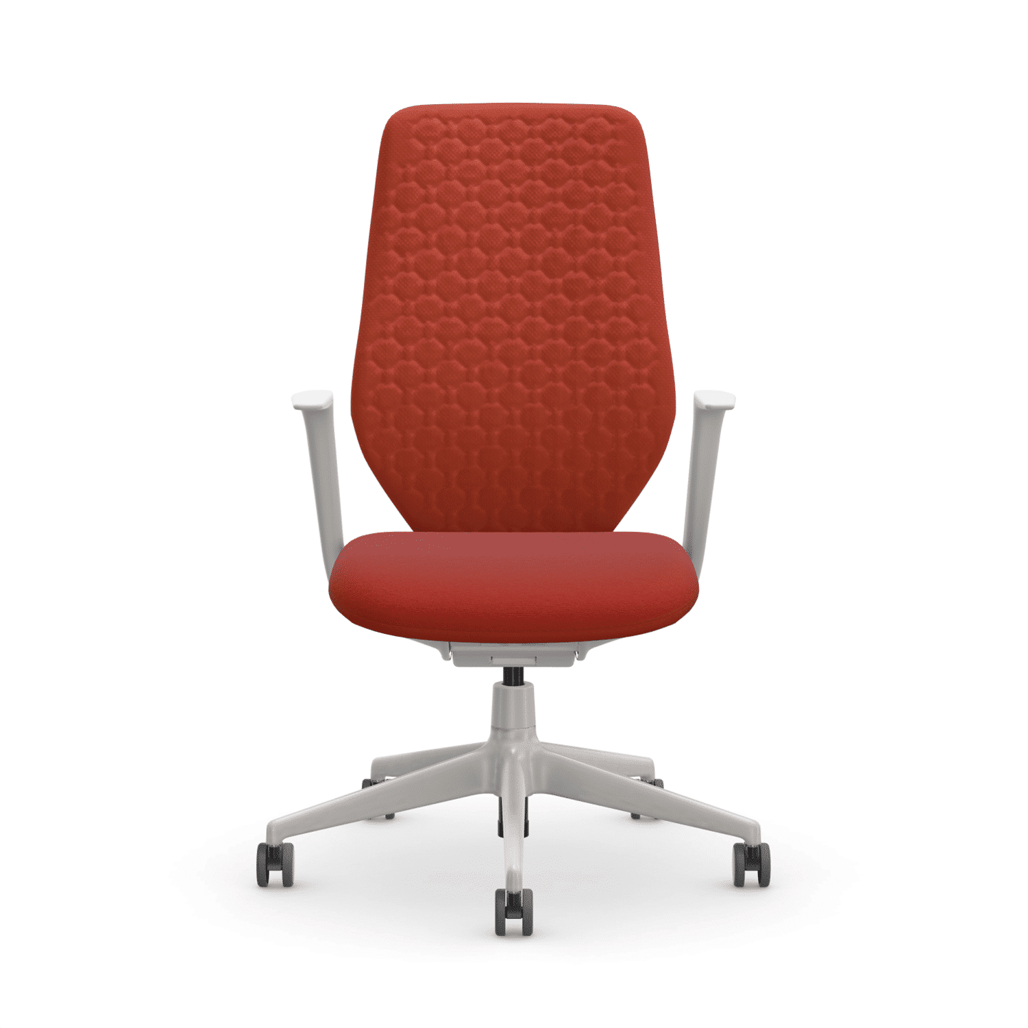 vitra-acx-softknit-neuware-frontalansicht Vitra ACX Softknit Bürodrehstuhl Neuware in Softknit Koralle und Plano Orange in Frontalansicht im feco Design Shop