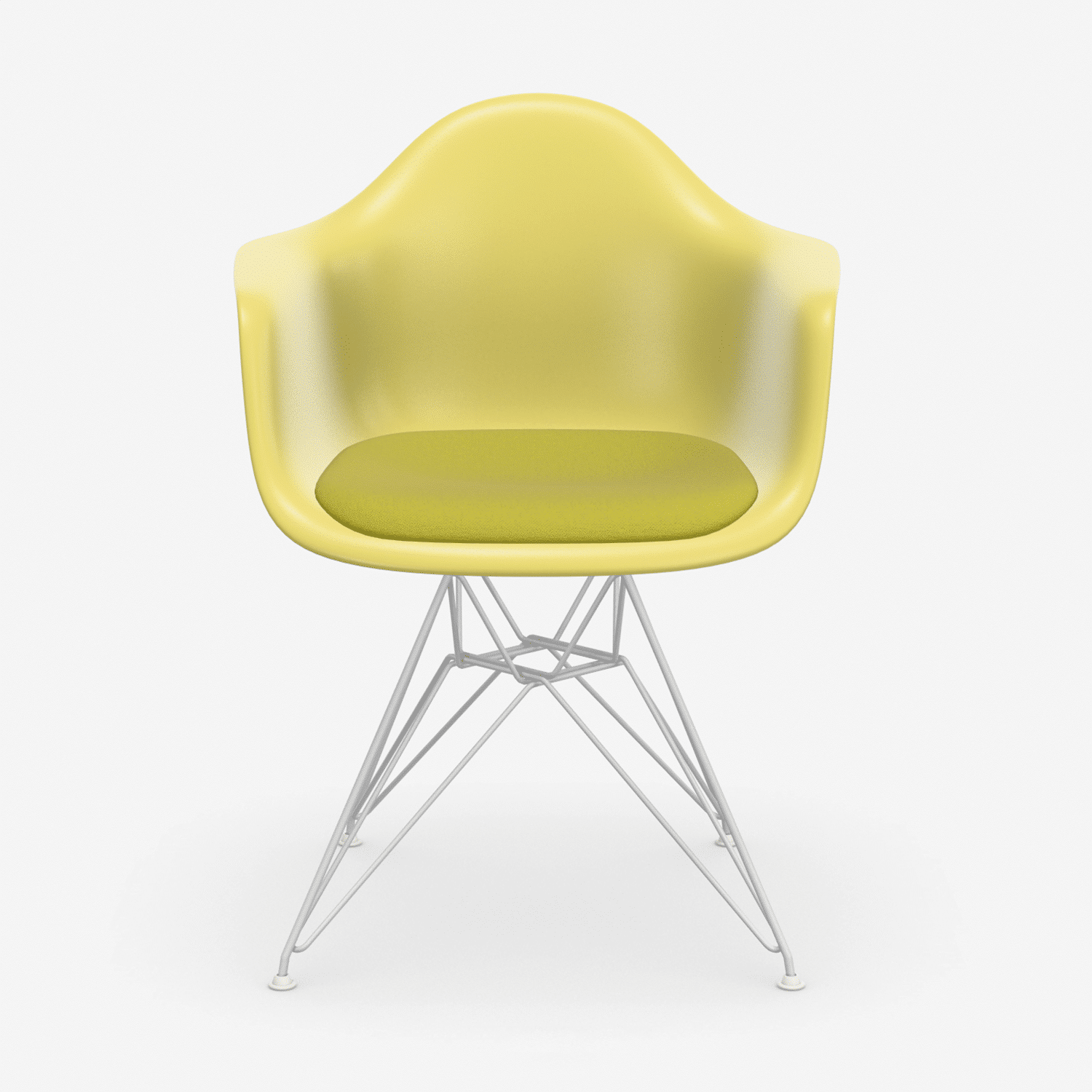 vitra-eames-plastic-armchair-re-dar-neuware-frontalansicht Vitra Eames Plastic Armchair RE DAR Neuware in Citron Gelb Lindgrün mit weißem Gestell in Frontalansicht im feco Design Shop