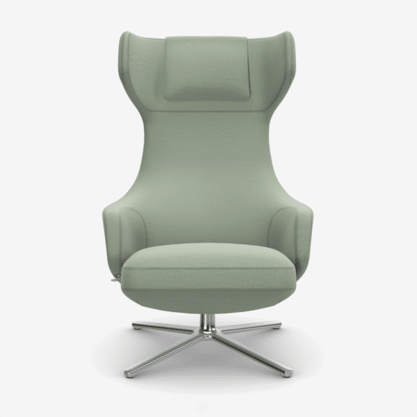 Vitra Grand Repos Ohrensessel mit Stoffbezug Hola in Mint und poliertem Aluminium-Untergestell von vorne