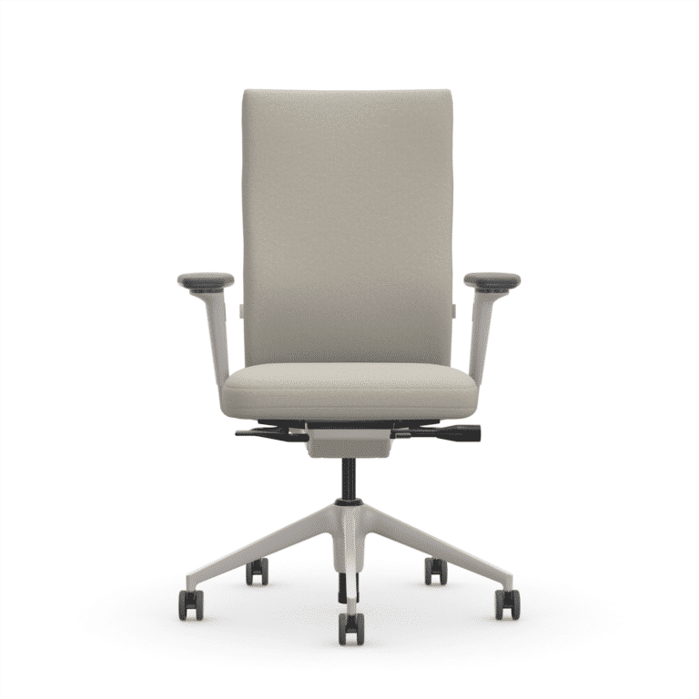 Vitra ID Soft L Bürodrehstuhl Neuware in Plano Pergament Cremeweiß mit Soft Grey Rahmen in Frontalansicht im feco Designshop