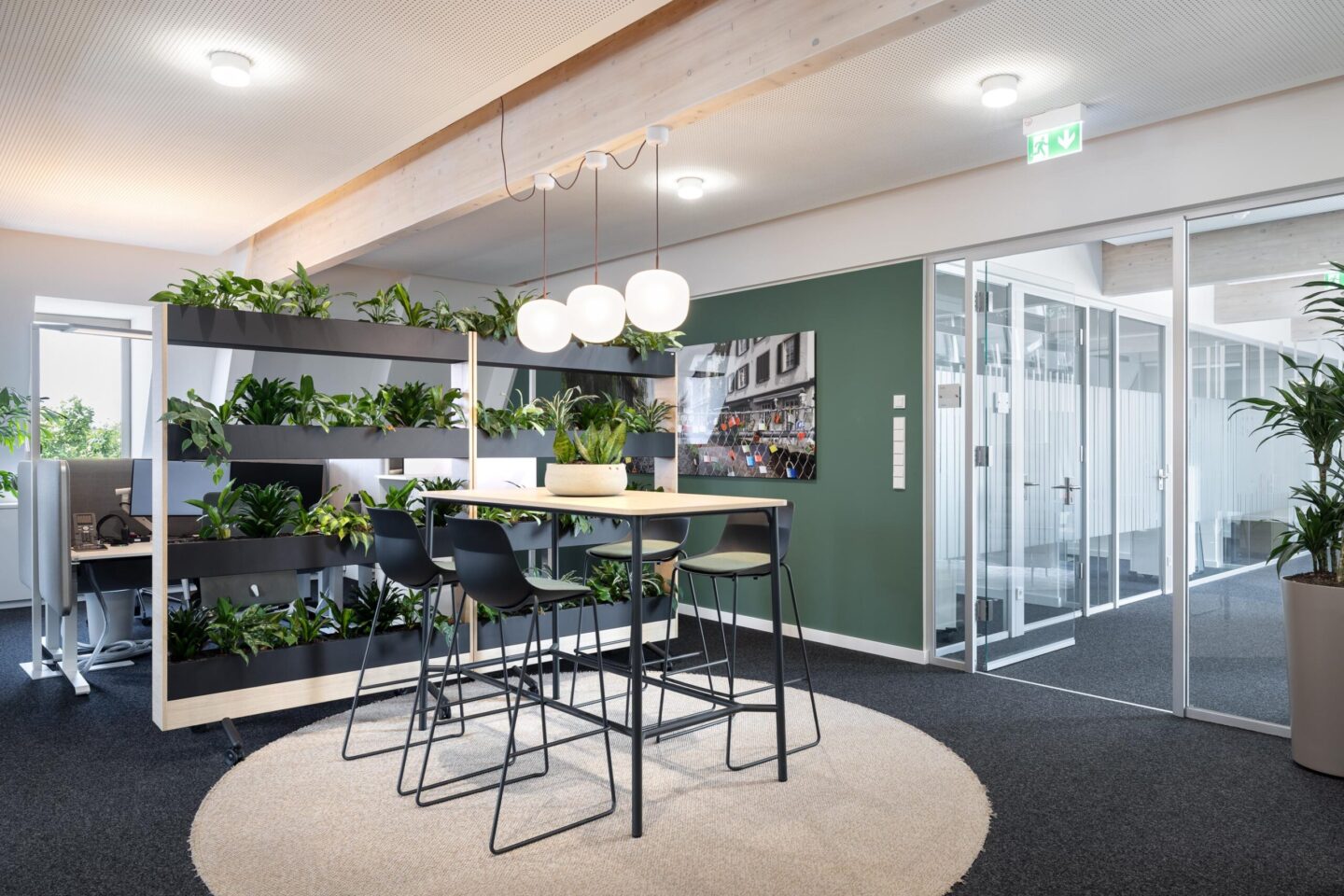 Informeller Treffpunkt mit biophilem Raumteiler, Hochtisch und feco Glaswänden im BusinessCenter Ettlingen