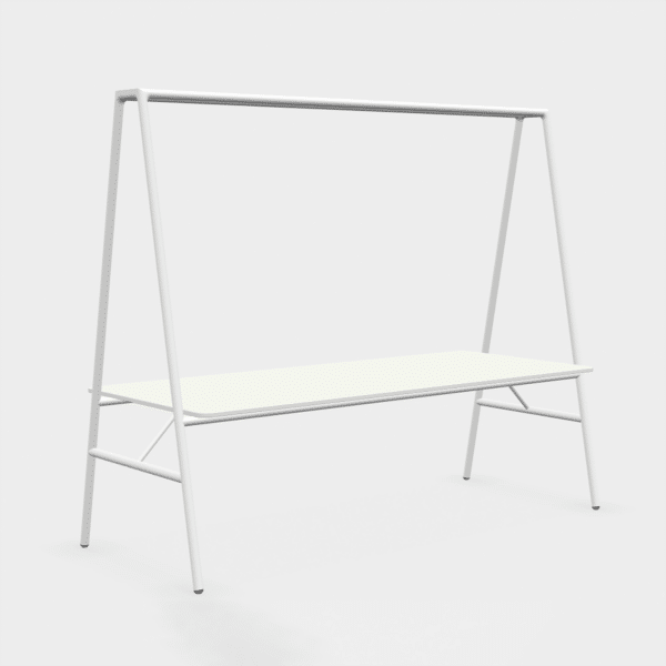Sedus se:lab island high desk feco circular Stehtisch mit Rahmenüberbau in Purweiß in Schrägansicht im feco Design Shop
